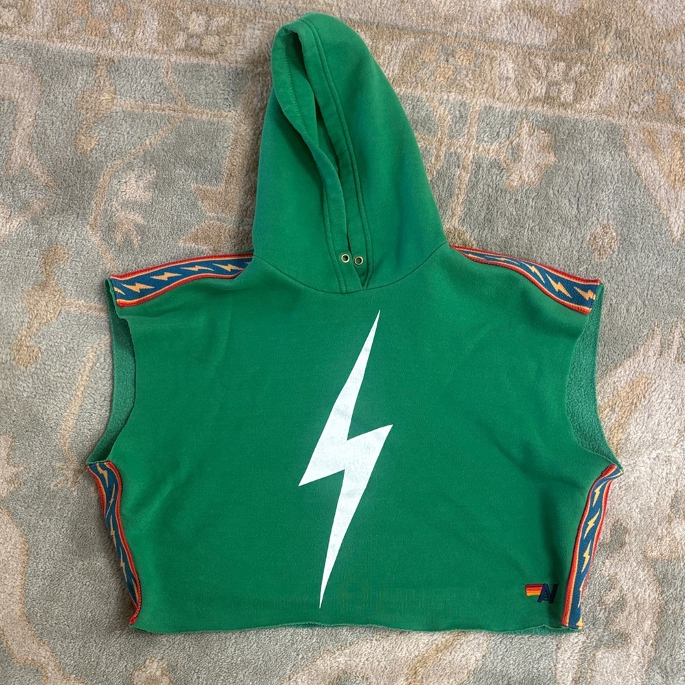 Aviator Nation Green Cropped Sleeveless Hoodie with White Lightning Bolt
